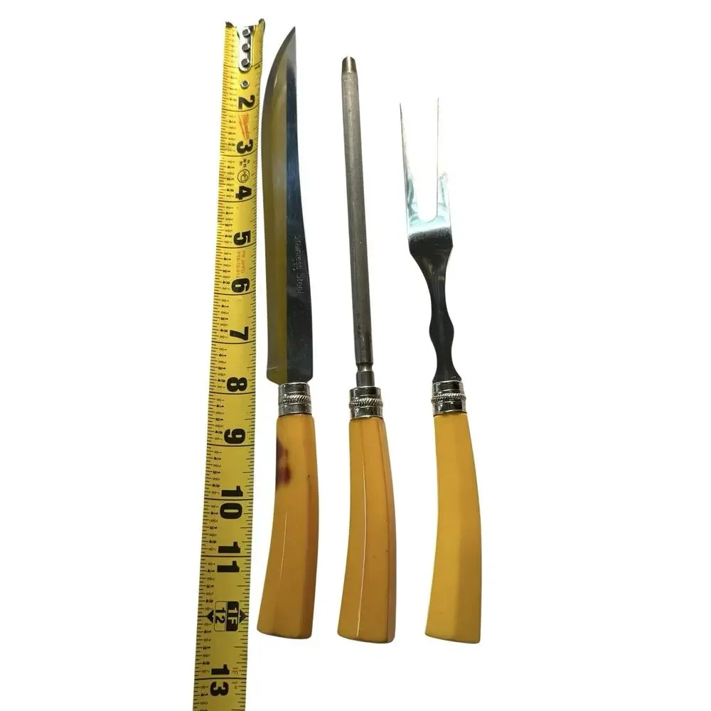 Vintage Original 1940s BAKELITE BUTTERSCOTCH HANDLE CARVING SET 3pc